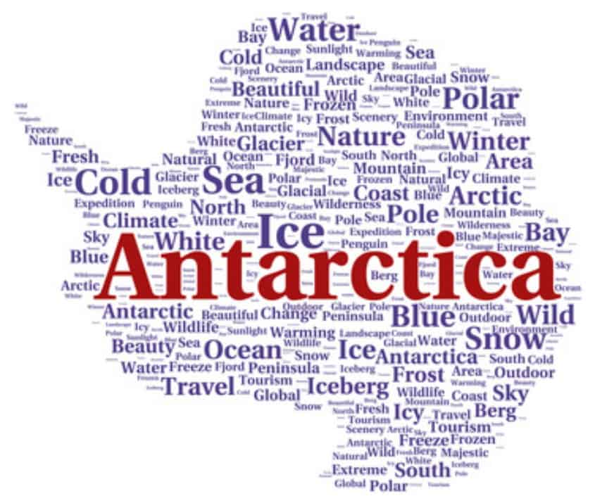 Antarctica word cloud shape concept