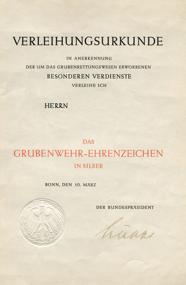 Verleihungsurkunde Grubenwehr des Bundespräsidenten